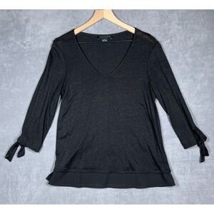 Sanctuary Womens Top‎ M Black Linen V-Neck 3/4 Sleeve Tie Cuff Hem Contrast